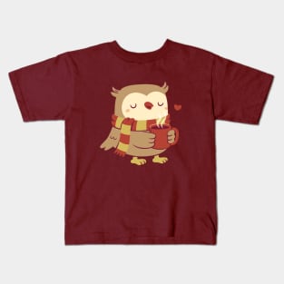 Cute Owl With Hot Cocoa For Cold Days Kids T-Shirt